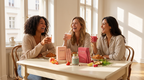 Freundinnen mit Sevalie Produkten am Frühstückstisch