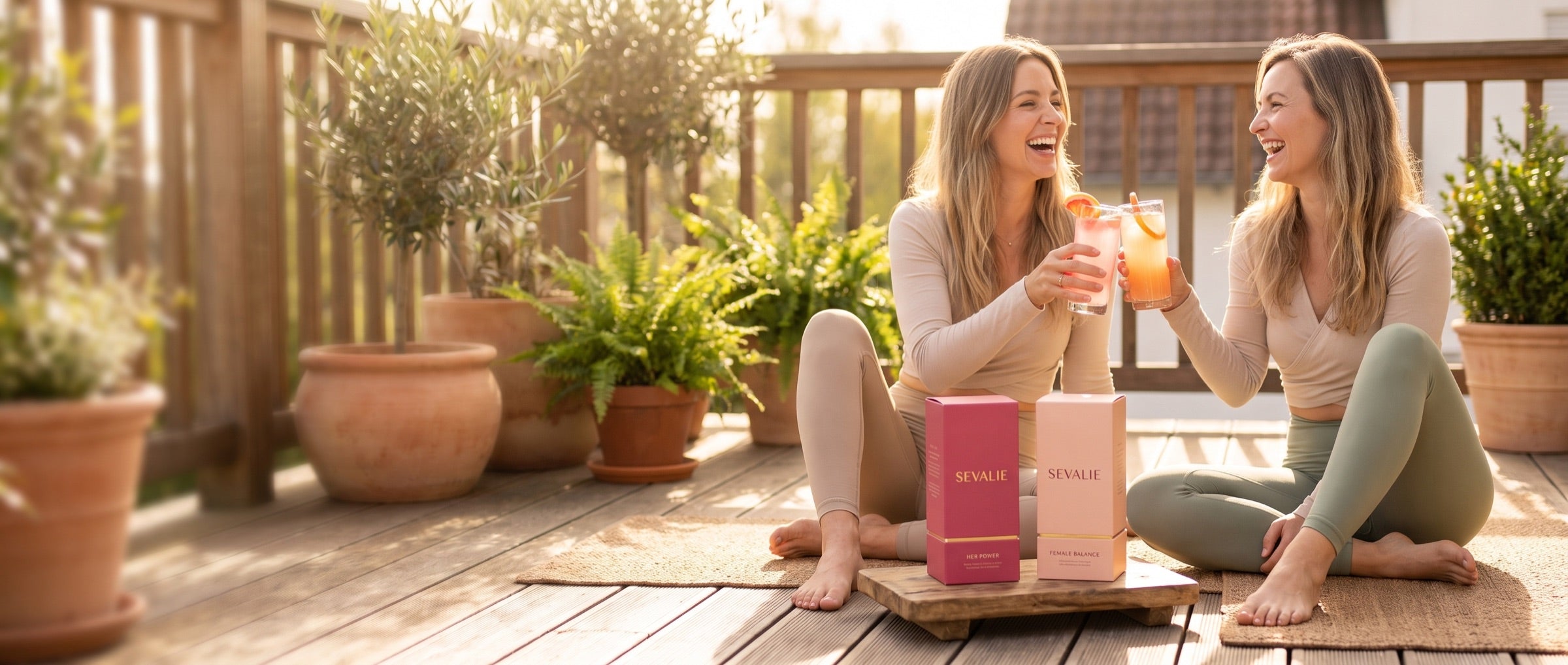 Zwei Freundinnen nach dem Yoga mit Sevalie Drinks