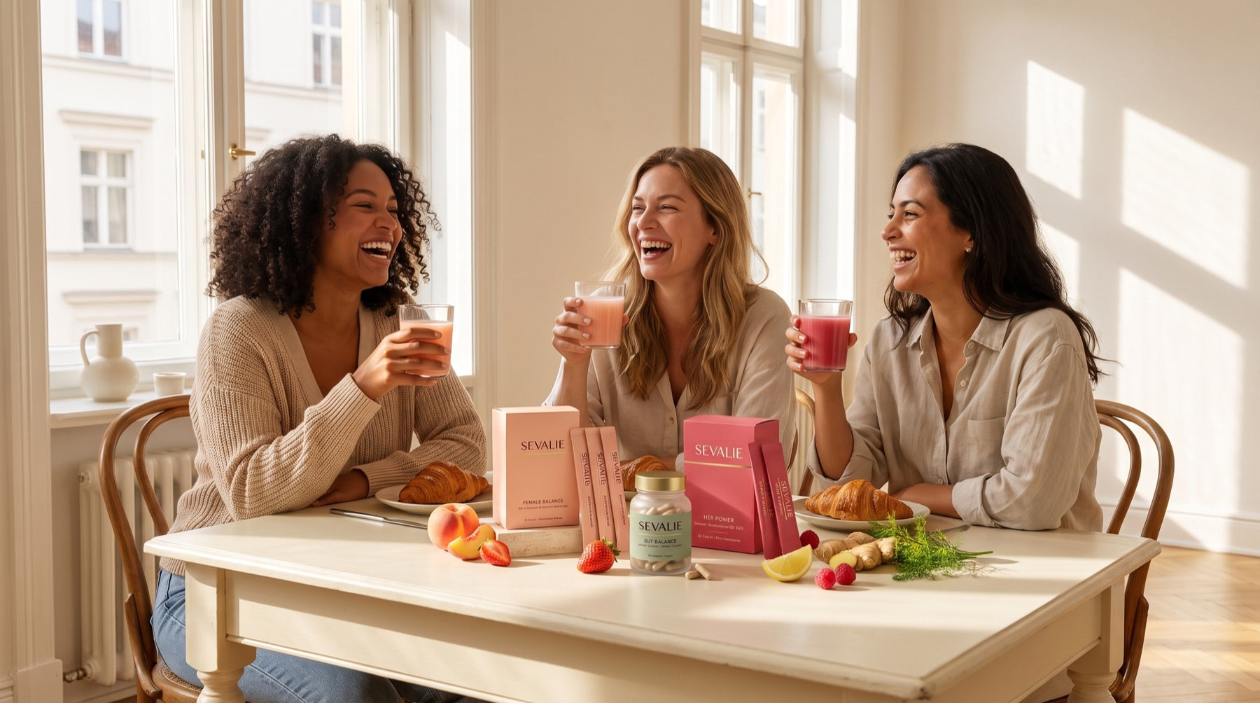 Drei Freundinnen beim Frühstück mit Sevalie Produkten