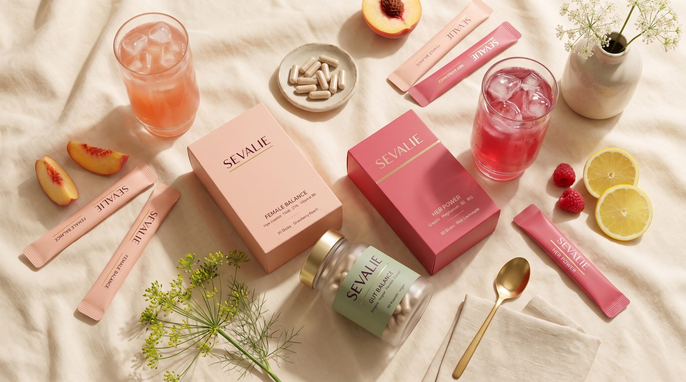 Morgenritual mit allen drei Sevalie Produkten, Drinks und frischen Früchten